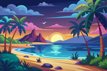 Obraz premium Tropical Sunset with Palm Trees and a Calm Ocean