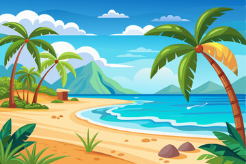Fototapeta premium Tropical Beach Scene with Palm Trees, Mountains, and Ocean