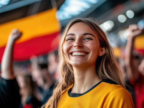 Portrait of a smiling woman at a sporting event with a national flag in the background.