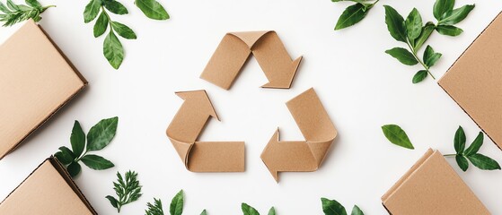 Eco-friendly concept showcasing recycling symbol with leaves and cardboard boxes, promoting sustainability and environmental awareness.