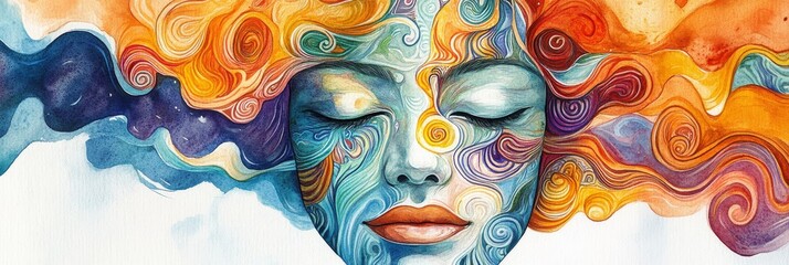 Obraz premium Abstract Watercolor Portrait of a Woman with Closed Eyes - A serene watercolor painting of a woman with closed eyes, her face adorned with swirling patterns, representing peace, serenity, meditation, 