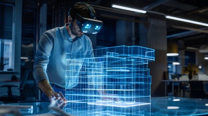 An Architect Wearing A Virtual Reality Headset Designs, Manipulates Buildings for 3D City. Mixed Augmented Reality Software. Visual Effect.