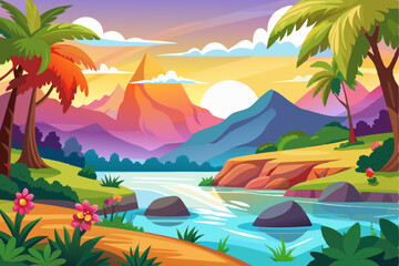 Obraz premium Serene River Winding Through Lush Tropical Landscape at Sunset