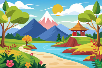 Serene Mountain Landscape with a River and a Traditional Gazebo