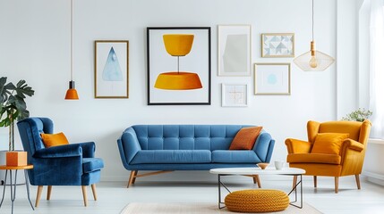 Blue sofa and orange lounge chair against white wall with art frame. Scandinavian interior design of modern living room.