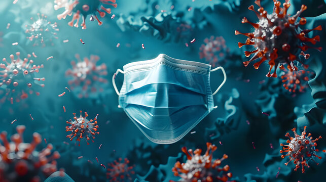 2019 nCoV Text on Medical Mask with Chinese and MERS Cov Outbreak on Blue Background