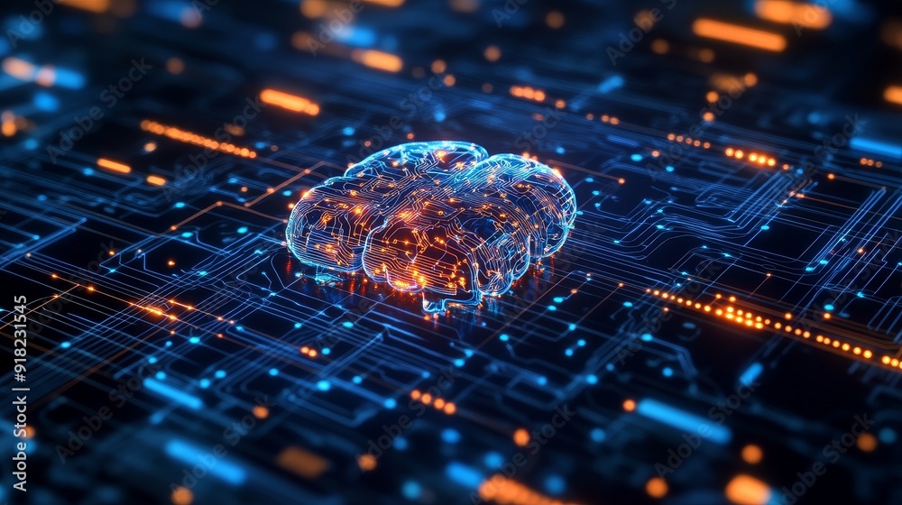 Poster artificial intelligence and the future of technology - a 3d of a digital brain on a circuit board, s