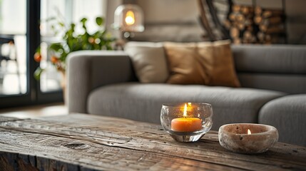 Close up of round glass jar with burning candle on rustic wooden coffee table. Lamp on side table near grey sofa. Minimalist loft home interior design of modern living room.