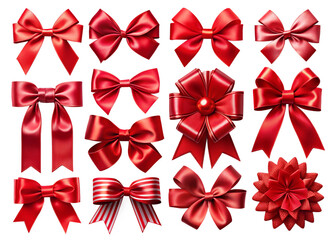 Set of red satin bows isolated white background. Satin bow, decoration for holiday.