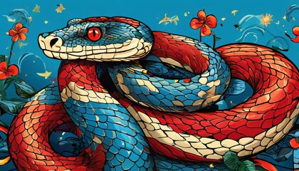 Obraz premium A colorful snake with red, blue, and white stripes is curled up on the ground