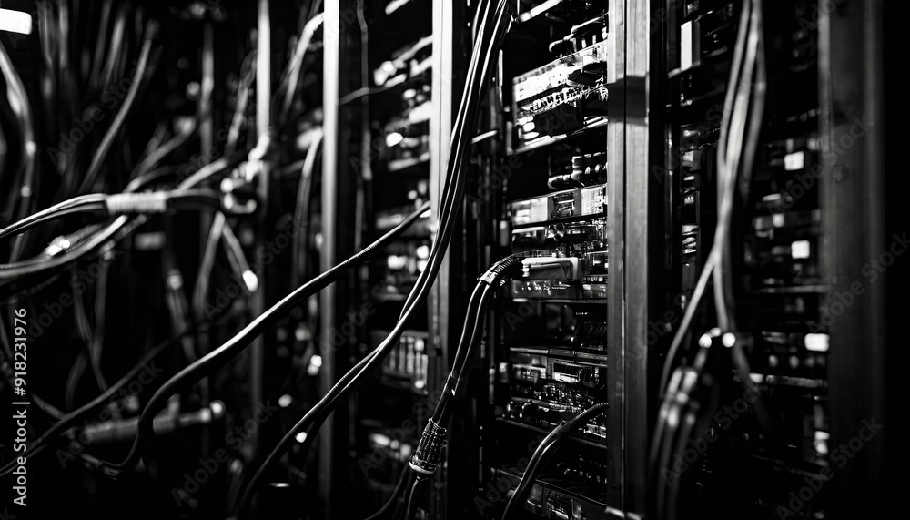 Aufkleber a black and white photo of a computer server room with many wires and cables