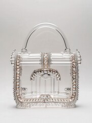 A transparent handbag adorned with intricate details and embellishments.