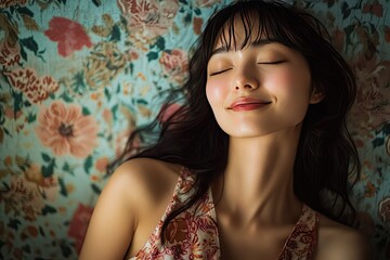 Fototapeta premium A young woman lies on a floral patterned blanket, with her eyes closed and a serene smile.