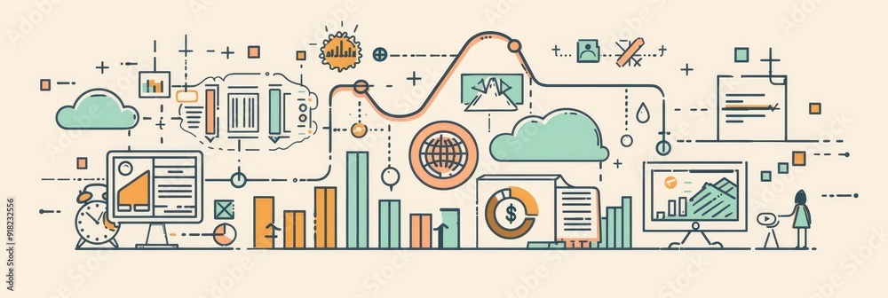Poster business growth strategy with data analytics and cloud computing - this illustration depicts a busin