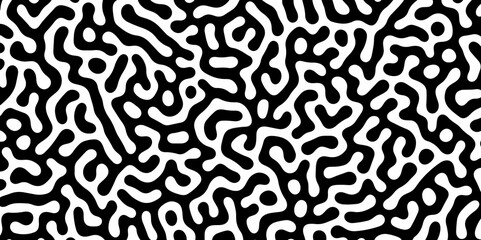 Abstract Turing organic wallpaper with background. Turing reaction diffusion monochrome seamless pattern with chaotic motion. Natural seamless line pattern. Linear design with biological shapes.