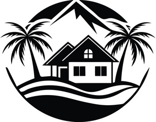 Silhouette Real Estate Logo Design House with Palm Trees Vector