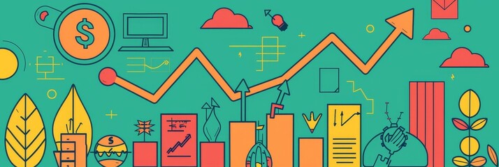 Business Growth and Success: Upward Trend with Financial Icons - This illustration depicts the concept of business growth and success, symbolizing financial prosperity, strategic planning, innovation,