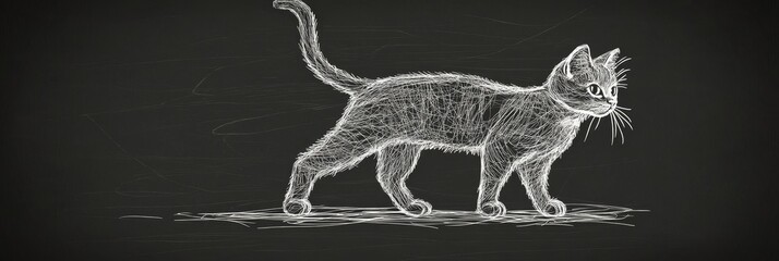 Fototapeta premium Chalkboard Cat Illustration: A Simple, Elegant Design - A white chalk cat illustration on a black background, perfect for a minimalist design. The cat is drawn in a simple, elegant style with a long