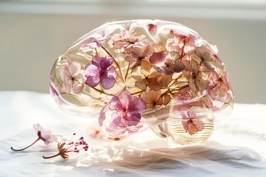 Human brain with flowers inside, showcasing the intricate beauty and complexity of neural structures.