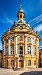 Fototapeta premium A majestic baroque structure showcases a green dome and detailed architecture, basking in sunlight with a vibrant blue sky above. Generative AI