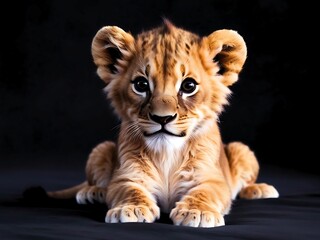 Obraz premium Cute Baby Lion with Big Eyes in Dark Background