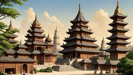 Fototapeta premium Ancient East Asian Pagoda Complex with Traditional Multi-Tiered Roofs in Tranquil Setting
