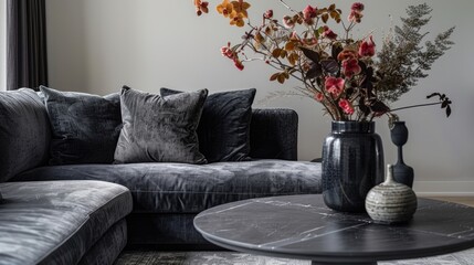 Charcoal couch, floral vase, and ebony designer table