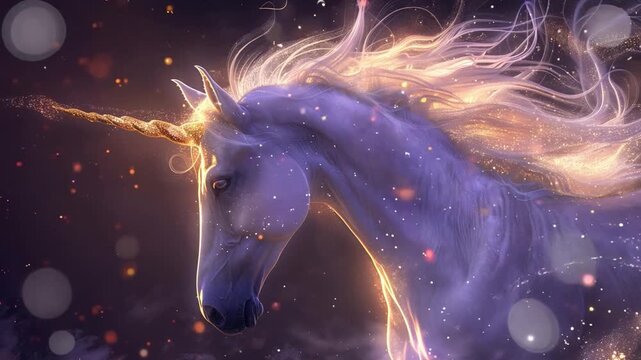 A unicorn with a radiant mane, illuminated by enchanting lights and bokeh with a serene twilight atmosphere