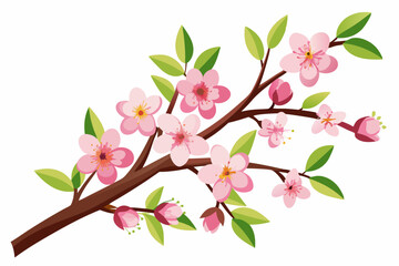 Obraz premium Branch with Pink Flowers and Green Leaves