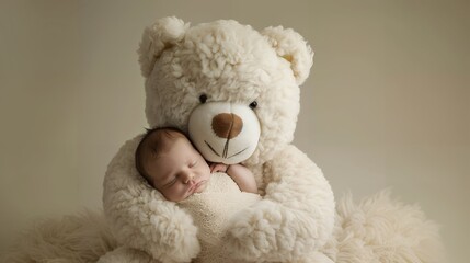 Obraz premium Cute Teddy bear sitting on bed next to child boy with morning light.Peaceful scene of New day Young Kid lying in bed with happy brown bear with natural light shining through.