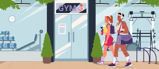 People in sports outfit go to gym to practice healthy exercises. Man in headphones carrying bag with sportswear, woman with backpack walk to door of fitness center cartoon
