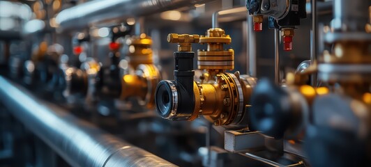 Fototapeta premium Complex piping systems and valves within an industrial boiler room