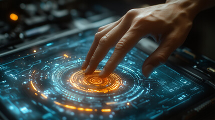 Commanding the Future: A hand hovers over a vibrant, futuristic interface, activating a glowing core of technological power. 