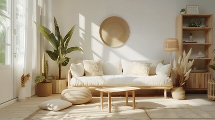 Living Room Interior With Sofa, Wicker Armchair, Cactus Plant And Coffee Table