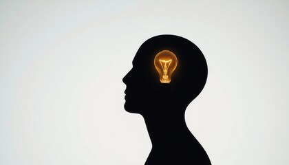 a luminous lightbulb protruding from a black silhouette head glowing warmly against a clean white backdrop visually representing inspiration and the flow of innovative though