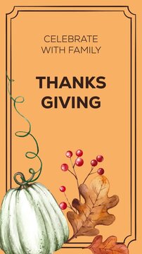 Autumn decor, pumpkins, berries, yellow leaves, templates for fall holidays. Set of vertical animated cards with Thanksgiving greetings