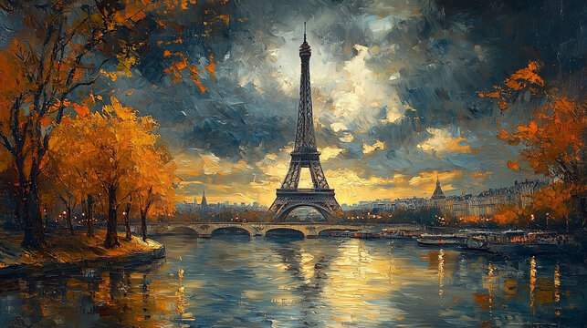 Eiffel Tower Autumn Sunset: A romantic and picturesque oil painting of the Eiffel Tower bathed in the golden hues of a Parisian sunset, with vibrant autumn foliage lining the Seine River. The scene ev