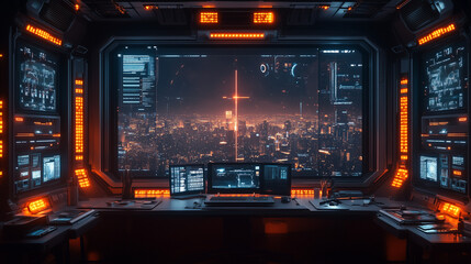 Futuristic Control Room with City View: A captivating glimpse into a futuristic control room, showcasing a panoramic cityscape through a vast window and an array of screens displaying complex data. T