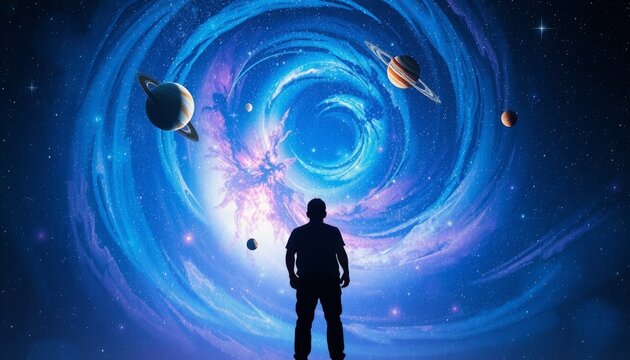 a person standing center frame with their head opened revealing a swirling galaxy of stars and planets vibrant colors of blues and purples fill the cosmic space with bright