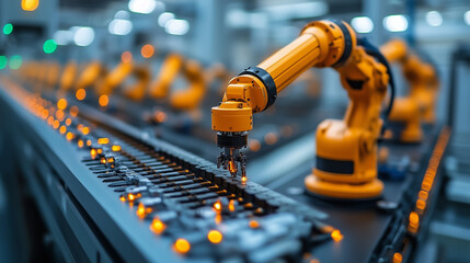 Automated Precision on the Assembly Line: A fleet of robotic arms work in synchronized harmony, their orange glow illuminating the intricate process of modern manufacturing. 