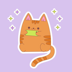 Cute cat that is holding a cell phone in its paws on a background of stars. Cat looking at smartphone. Vector illustration in flat style.
