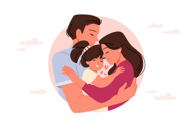 Happy warm hugs of father, mother and child. Round cute avatar with portrait of husband hugging wife and daughter with love and hearts, sweet family embrace together cartoon vector illustration
