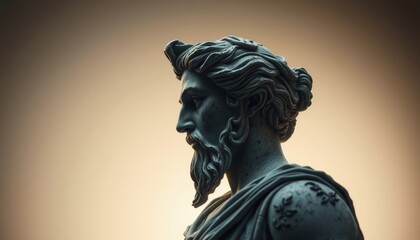 profile of a weathered statue intricately detailed with baroque features positioned against a gradient backdrop light illuminating its expressive eyes conveying a sense of