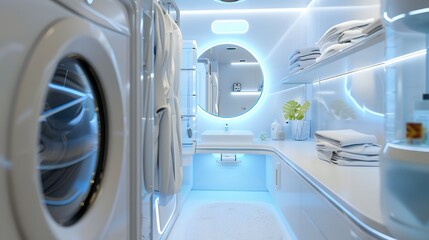 Futuristic laundry room with advanced washing machine and holographic interfaces
