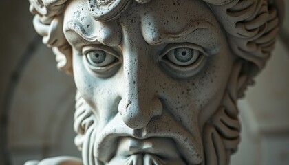 evocative expression on the face of an old statue blending maximalist baroque details with hints of vanitas positioned in soft diffused light enhancing the depth of its sto