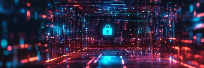 Obraz premium Cyber Security: Protecting Data in the Digital Age - A glowing padlock symbol in a futuristic digital landscape symbolizes data protection, network security, digital safety, online privacy, and cybers