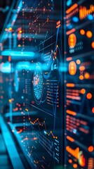 Naklejka premium Advanced Algorithms Analyzing Big Data on Multiple Screens in a Futuristic Tech Hub