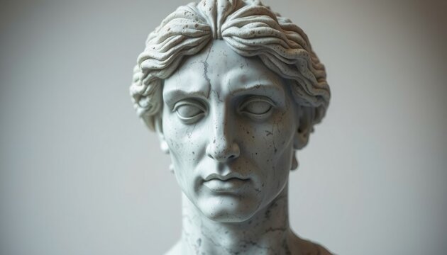 evocative marble face of an old statue intricately carved with baroque influences positioned centrally against a soft gradient background inviting deep contemplation and re