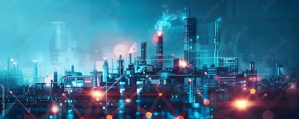 Poster fully automated ai driven smart factory with futuristic cityscape backdrop
