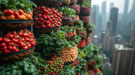 Urban Vertical Farm: A vibrant wall of fresh produce thrives in the heart of the city, showcasing the potential of urban agriculture. 